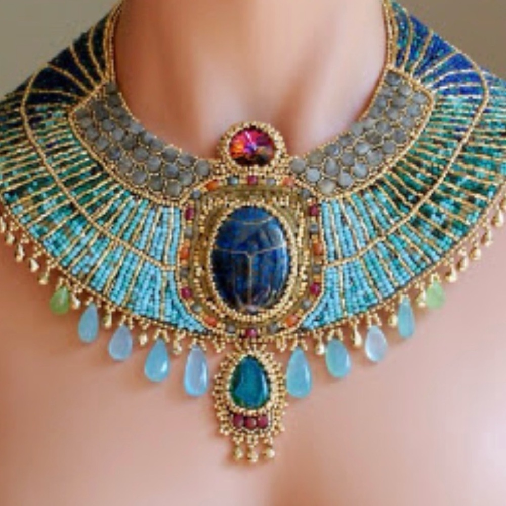 Gold-Tone Egyptian Style Statement Necklace with Turquoise and Blue Stones